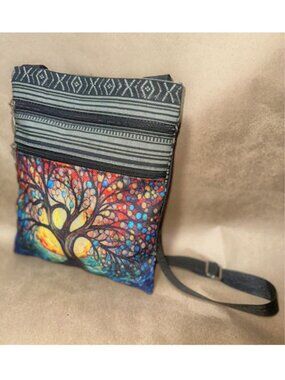Simple Crossbody Purse with Flowering Tree, Black Stripes